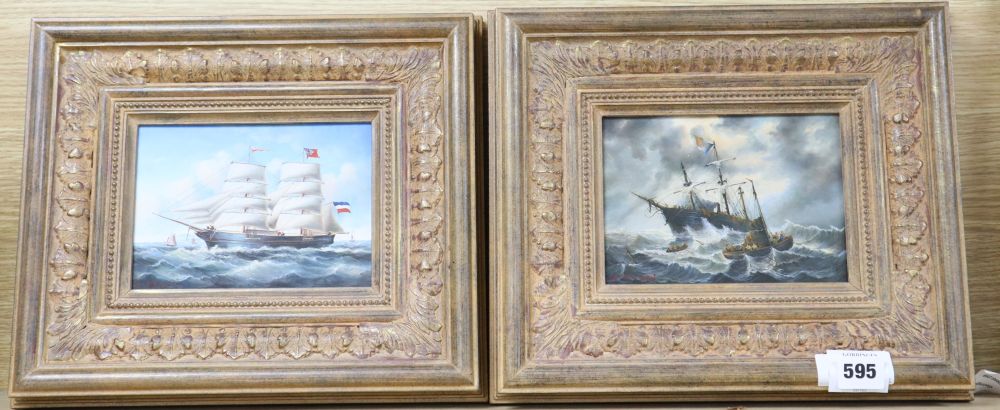 H Neilson, a pair of modern oils on board, Shipping scenes, 12 x 17cm